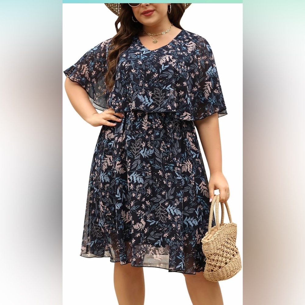 NEW Keluummi Blue Plus Size Floral Empire Waist Midi Flowy Dress 26